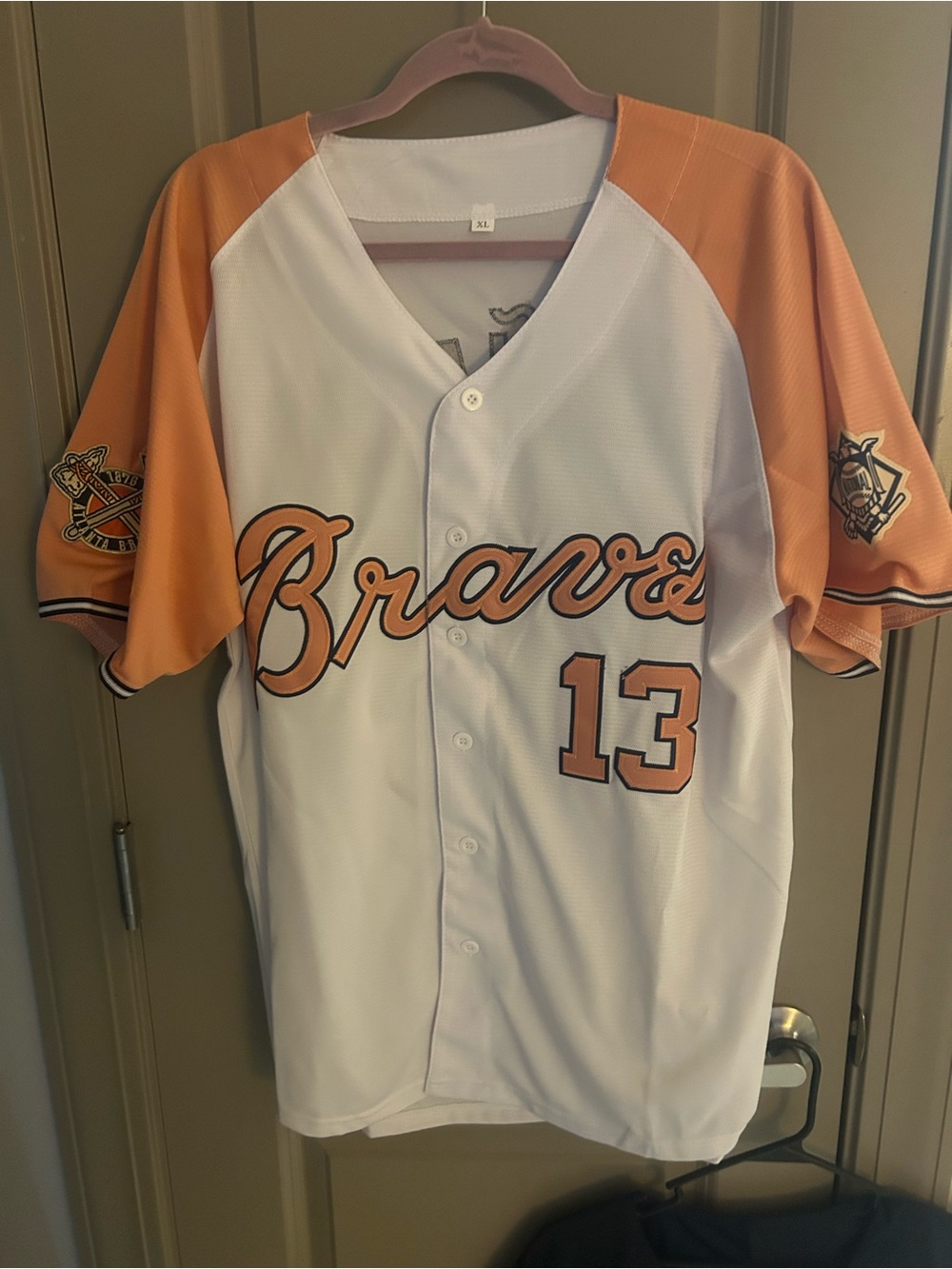 Braves Baseball Jersey - White with Orange Sleeves